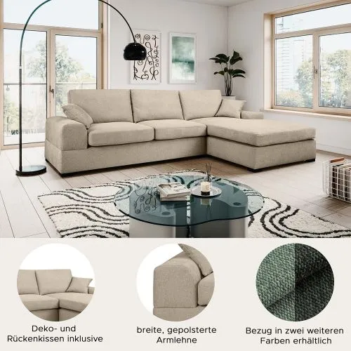 Ecksofa Veda rechts mit Rückenkissen | 308cm | Strukturstoff | beige