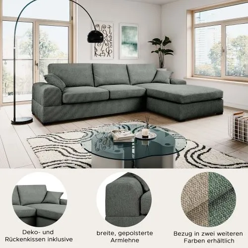 Ecksofa Veda rechts mit Rückenkissen | 308cm | Strukturstoff | grau