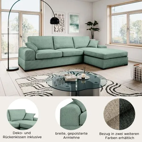 Ecksofa Veda rechts mit Rückenkissen | 308cm | Strukturstoff | petrol