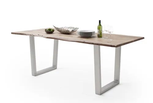 Esstisch Calabria | Akazie massiv | T-Gestell Edelstahl | natur | 180 x 90-Tischplatte 2,5 cm