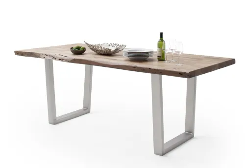 Esstisch Calabria | Akazie massiv | T-Gestell Edelstahl | natur | 220 x 100 -Tischplatte 5,5 cm