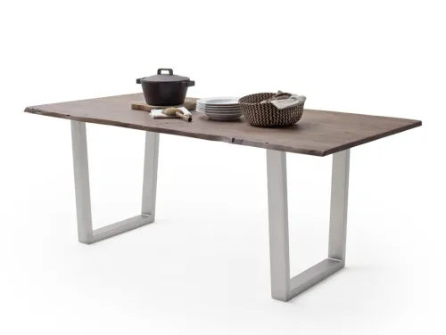 Esstisch Calabria | Akazie massiv | T-Gestell Edelstahl | walnuss | 180 x 90-Tischplatte 2,5 cm