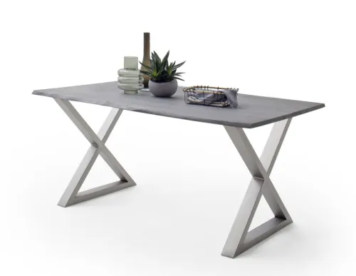 Esstisch Calabria | Akazie massiv | X-Gestell Edelstahl | grau | 160 x 90-Tischplatte 2,5 cm