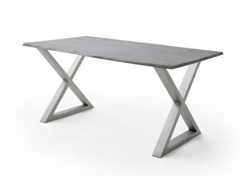 Esstisch Calabria | Akazie massiv | X-Gestell Edelstahl | grau | 180 x 90-Tischplatte 2,5 cm