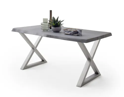 Esstisch Calabria | Akazie massiv | X-Gestell Edelstahl | grau | 220 x 100 -Tischplatte 5,5 cm
