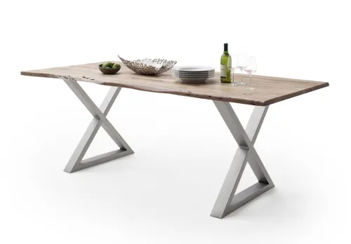 Esstisch Calabria | Akazie massiv | X-Gestell Edelstahl | natur | 160 x 90-Tischplatte 2,5 cm