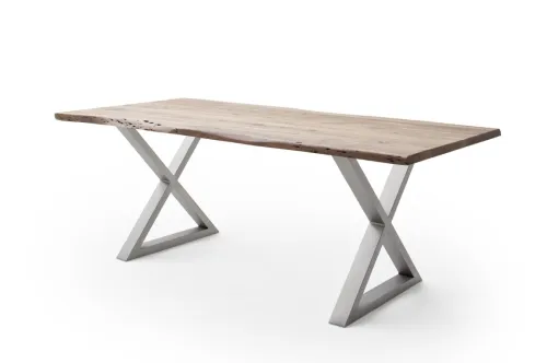 Esstisch Calabria | Akazie massiv | X-Gestell Edelstahl | natur | 180 x 100-Tischplatte 3,5 cm