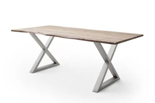 Esstisch Calabria | Akazie massiv | X-Gestell Edelstahl | natur | 180 x 90-Tischplatte 2,5 cm