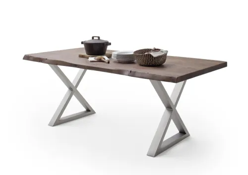 Esstisch Calabria | Akazie massiv | X-Gestell Edelstahl | walnuss | 240 x 100-Tischplatte 5,5 cm