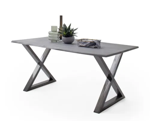 Esstisch Calabria | Akazie massiv | X-Gestell | grau / antik gewischt | 160 x 90-Tischplatte 2,5 cm