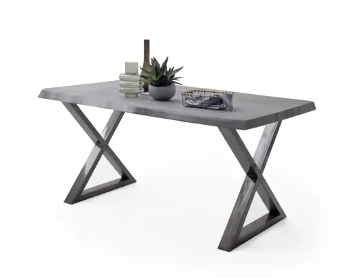 Esstisch Calabria | Akazie massiv | X-Gestell | grau / antik gewischt | 200 x 100 -Tischplatte 5,5 cm