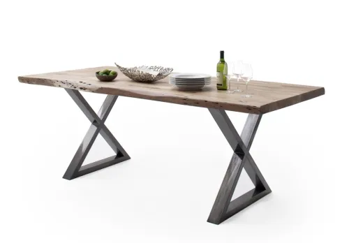 Esstisch Calabria | Akazie massiv | X-Gestell | natur / antik gewischt | 240 x 100-Tischplatte 5,5 cm