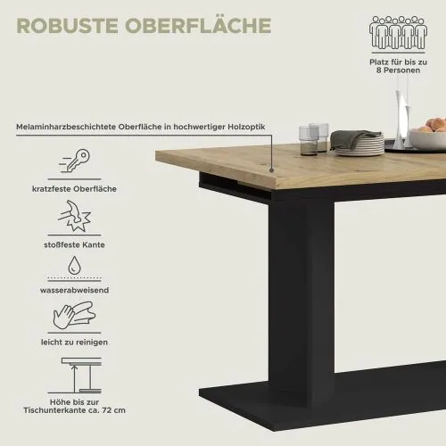 Esstisch Gustav | ausziehbar | Säulen-Fußgestell | Artisan Eiche / schwarz | verschiedene Größen