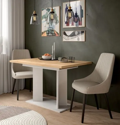 Esstisch Gustav | ausziehbar | Säulen-Fußgestell | Artisan Eiche / weiß | verschiedene Größen