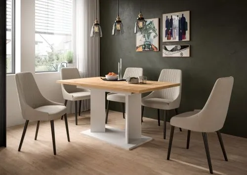 Esstisch Gustav | ausziehbar | Säulen-Fußgestell | Artisan Eiche / weiß | verschiedene Größen