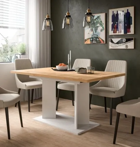 Esstisch Gustav | ausziehbar | Säulen-Fußgestell | Artisan Eiche / weiß | verschiedene Größen