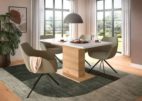Esstisch Motion 2 | ausziehbar | Säulen-Fußgestell | Artisan Eiche / weiß | 150(190)x90