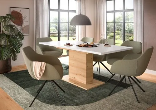 Esstisch Motion 2 | ausziehbar | Säulen-Fußgestell | Artisan Eiche / weiß | 150(190)x90