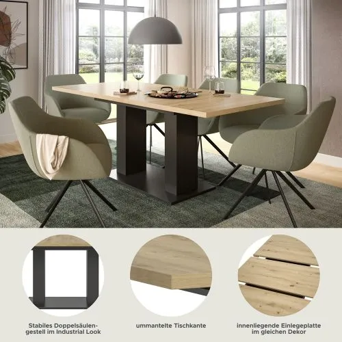 Esstisch Motion | ausziehbar | Doppelsäulen-Fußgestell | Artisan Eiche / grau | 150(190)x90