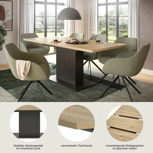 Esstisch Motion | ausziehbar | Säulen-Fußgestell | Artisan Eiche / grau | 150(190)x90
