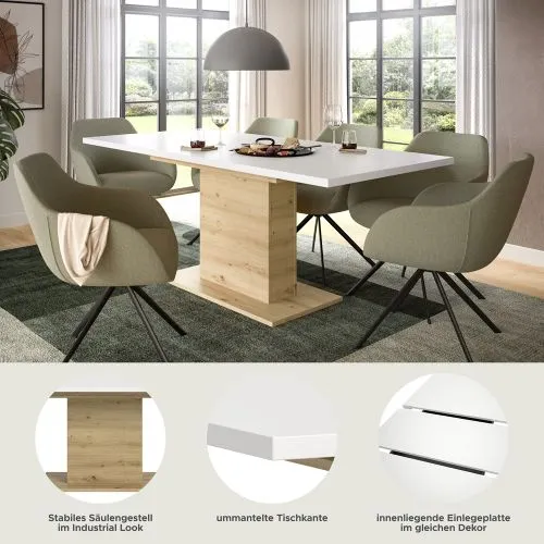 Esstisch Motion | ausziehbar | Säulen-Fußgestell | Artisan Eiche / weiß | 150(190)x90