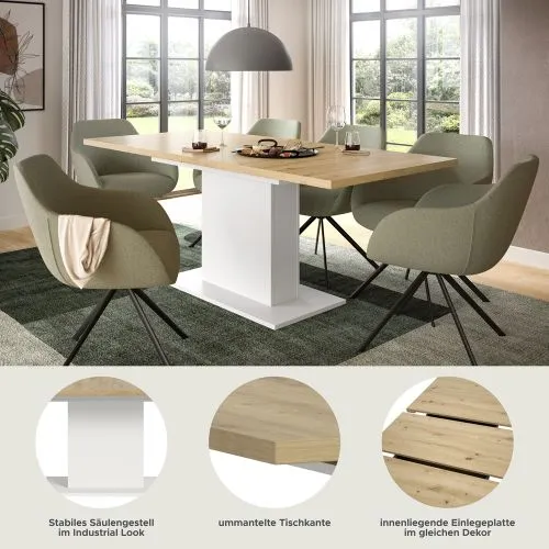 Esstisch Motion | ausziehbar | Säulen-Fußgestell | Artisan Eiche / weiß | 150(190)x90