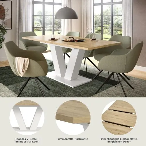 Esstisch Motion | ausziehbar | V-Fußgestell in weiß | Artisan Eiche / weiß | 150(190)x90