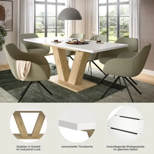 Esstisch Motion | ausziehbar | V-Fußgestell | Artisan Eiche / weiß | 150(190)x90