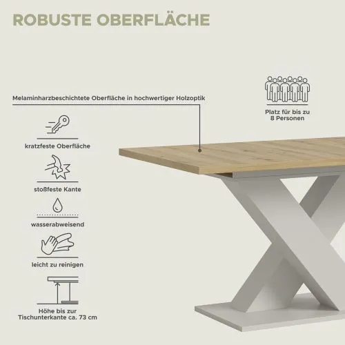 Esstisch Motion | ausziehbar | X-Fuß | Kaschmir/ Artisan | 150(190)x90