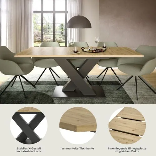 Esstisch Motion | ausziehbar | X-Fußgestell | Artisan Eiche / grau | 150(190)x90