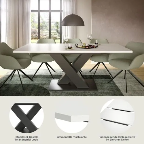 Esstisch Motion | ausziehbar | X-Fußgestell | weiß / grau | 150(190)x90
