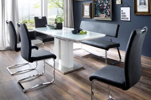 Esstisch Säulentisch Najuma | Bootsform | weiß Hochglanz | ausziehbar | 140(180) x 76