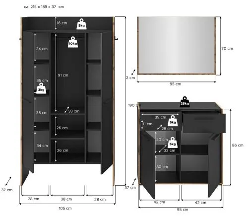 Garderoben-Set Bueno 2 | Basalt grau / Nox Oak | 3-teilig