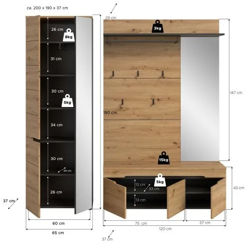Garderoben-Set Canu 1 Basalt| grau / Artisan Eiche | 3-teilig