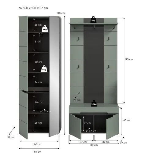 Garderoben-Set Canu 1 | Basalt grau / Smoke Green | 3-teilig mit Sitzkissen