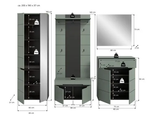 Garderoben-Set Canu 1 | Basalt grau / Smoke Green | 5-teilig