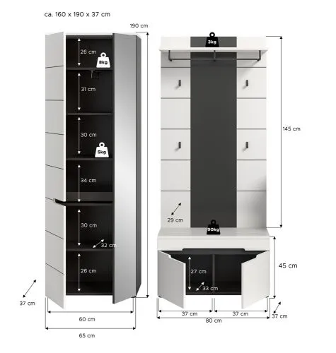 Garderoben-Set Canu 1 | Basalt grau / Weiß | 3-teilig ohne