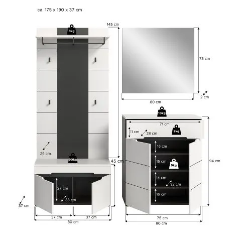 Garderoben-Set Canu 1 | Basalt grau / Weiß | 4-teilig ohne