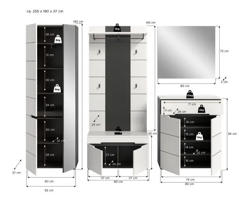 Garderoben-Set Canu 1 | Basalt grau / Weiß | 5-teilig