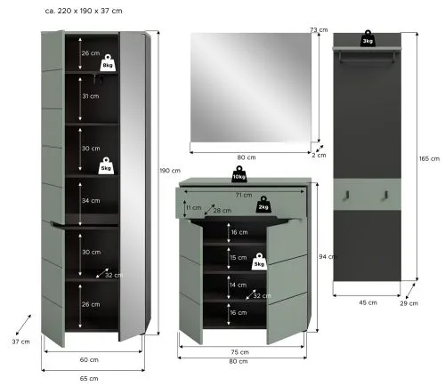 Garderoben-Set Canu 2 | Basalt grau / Smoke Green | 4-teilig