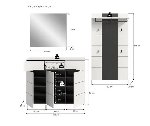Garderoben-Set Canu 2 | Basalt grau / Weiß | 3-teilig
