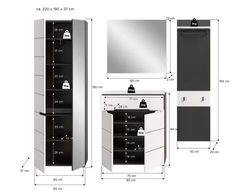 Garderoben-Set Canu 2 | Basalt grau / Weiß | 4-teilig