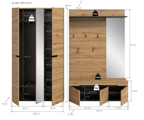 Garderoben-Set Canu 3 | Basalt grau / Artisan Eiche | 3-teilig