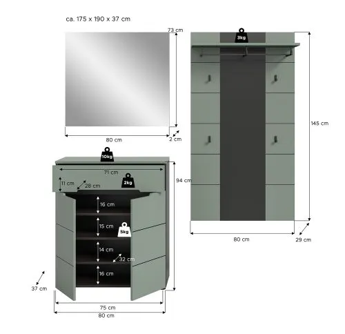 Garderoben-Set Canu 3 | Basalt grau / Smoke Green | 3-teilig