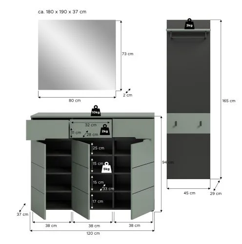 Garderoben-Set Canu 4 | Basalt grau / Smoke Green | 3-teilig