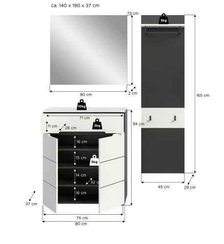 Garderoben-Set Canu 5 | Basalt grau / Weiß | 3-teilig