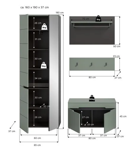 Garderoben-Set Canu | Basalt grau / Smoke Green | 3-teilig mit Sitzkissen