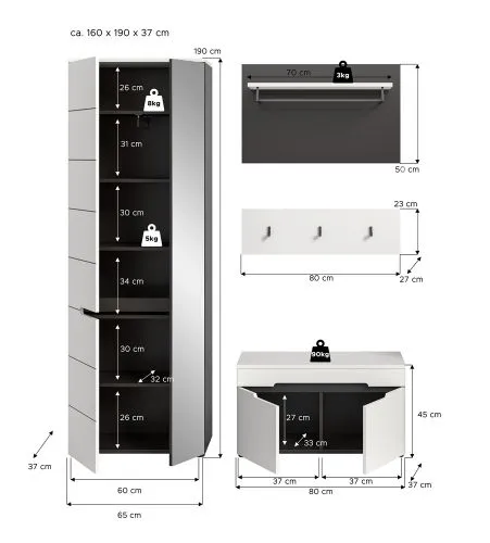 Garderoben-Set Canu | Basalt grau / Weiß | 3-teilig