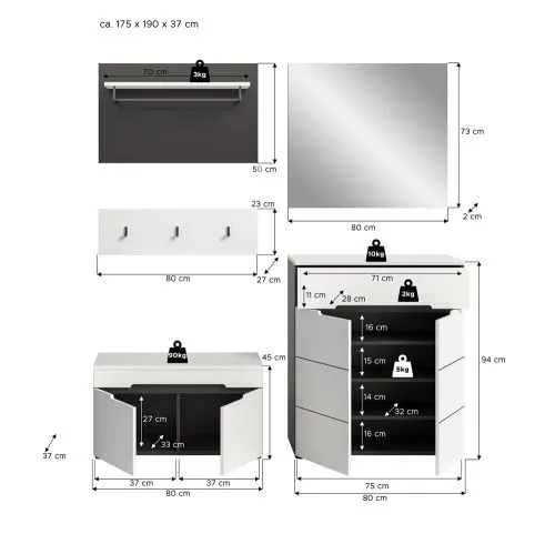 Garderoben-Set Canu | Basalt grau / Weiß | 4-teilig ohne