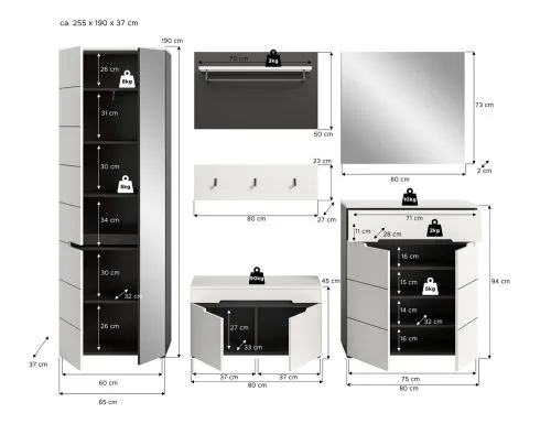 Garderoben-Set Canu | Basalt grau / Weiß | 5-teilig ohne